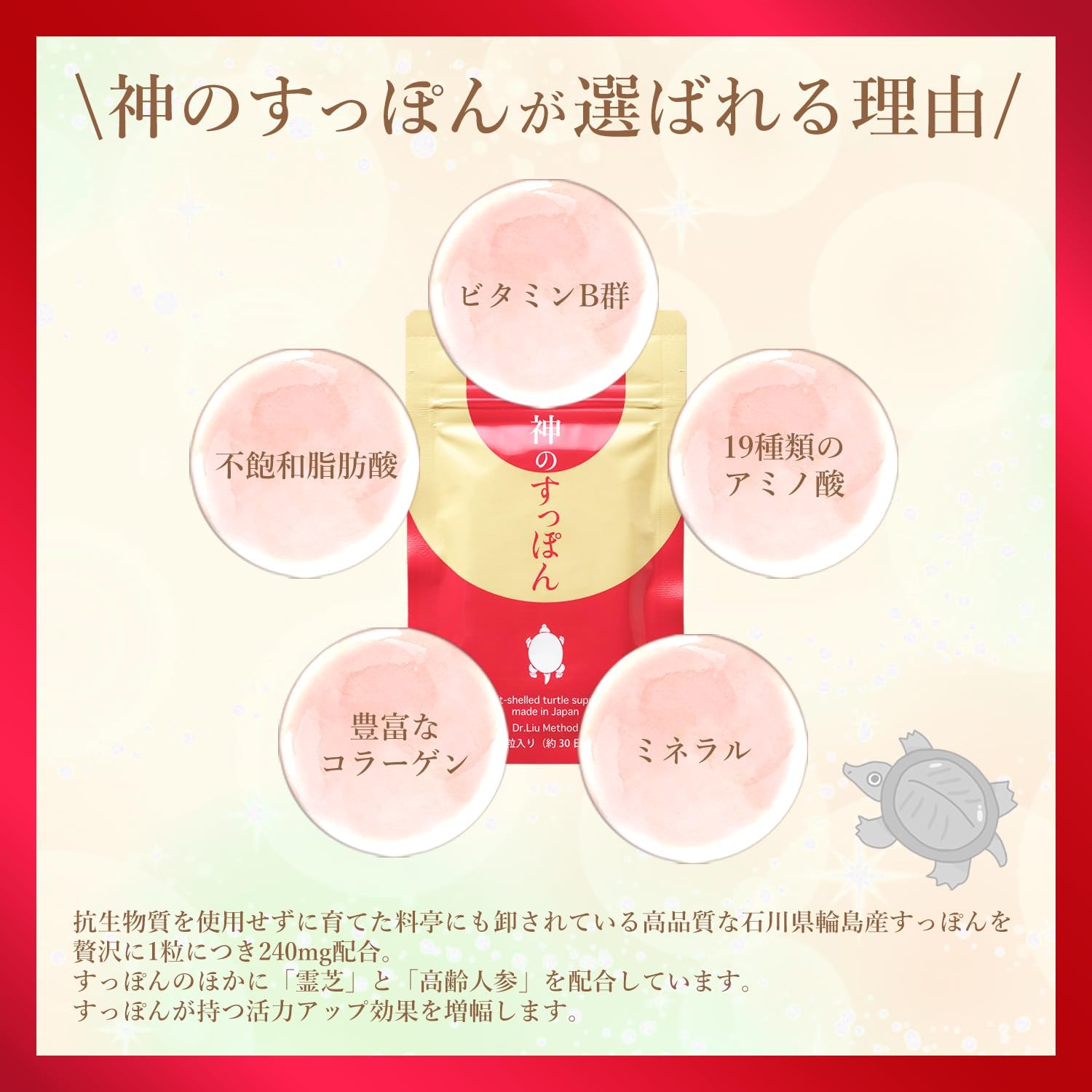 神のすっぽん 純国産 国産 すっぽん 霊芝 高麗人参 30日分 活力